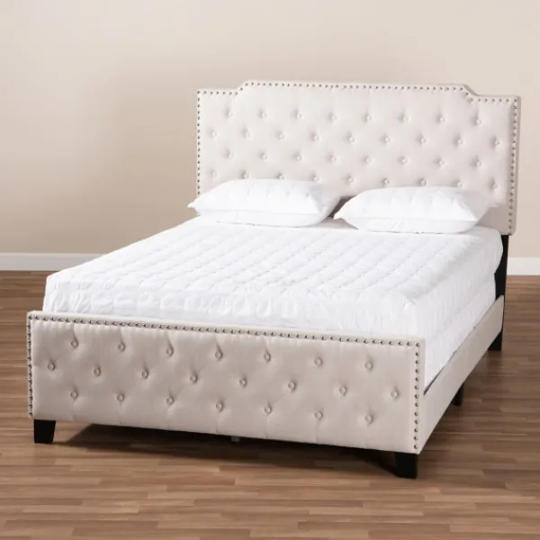 Beds & Headboards-Kirkland's Home Beige Upholstered Button Tufted King Panel Bed Ivory