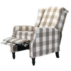 Accent Chairs-Kirkland's Home Beige Windowpane Plaid Recliner Tan/White