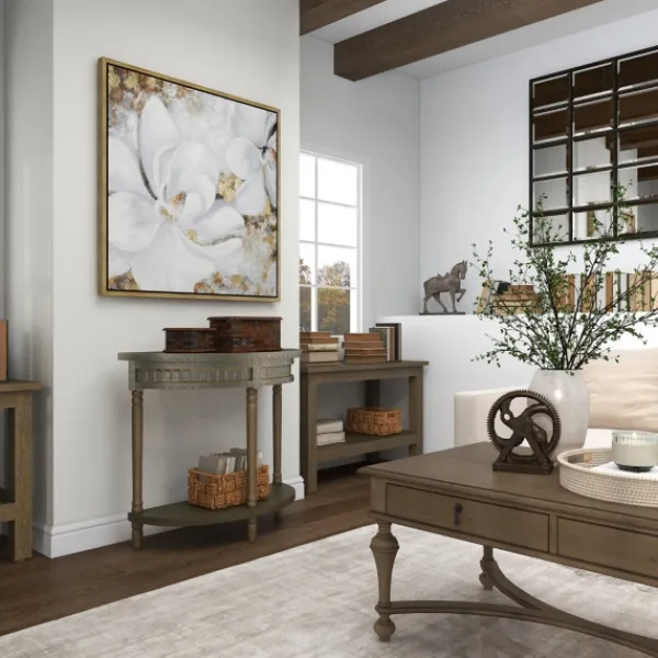 Console Tables-Kirkland's Home Beige Wood And Metal Half Moon Console Table Tan