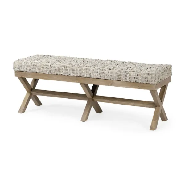 Entryway Furniture-Kirkland's Home Beige Woven Leather X-Base Bench Gray/Tan