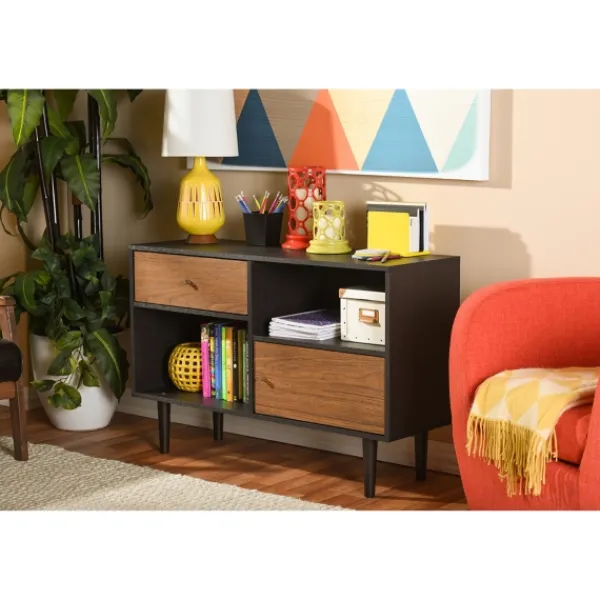 Cabinets & Sideboards-Kirkland's Home Black And Brown Wood Open Shelf Cabinet