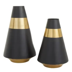 Vases-Kirkland's Home Black And Gold Reverse Cone Vases, Set Of 2 Black/Gold
