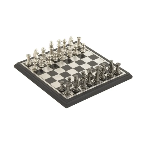 Statues & Figurines-Kirkland's Home Black And Gray Beveled Board Aluminum Chess Set Black/Gray