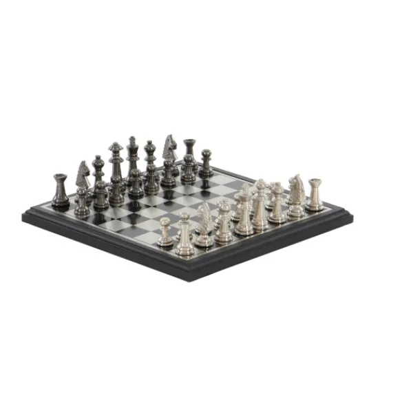 Statues & Figurines-Kirkland's Home Black And Gray Beveled Board Aluminum Chess Set Black/Gray
