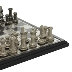 Statues & Figurines-Kirkland's Home Black And Gray Beveled Board Aluminum Chess Set Black/Gray