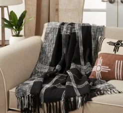 Blankets & Throws-Kirkland's Home Black And White Plaid Fringed Throw Black/White