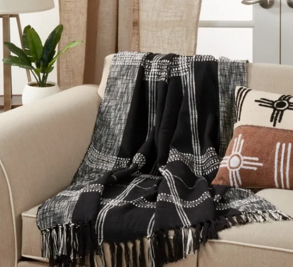 Blankets & Throws-Kirkland's Home Black And White Plaid Fringed Throw Black/White