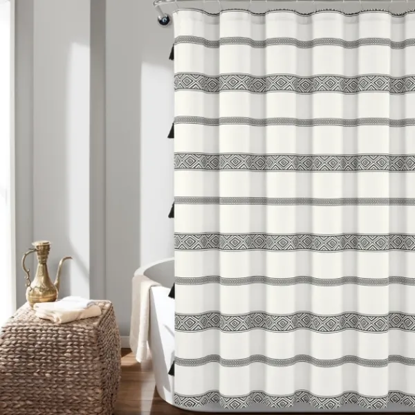 Shower Curtains-Kirkland's Home Black And White Striped Boho Shower Curtain Blue/White