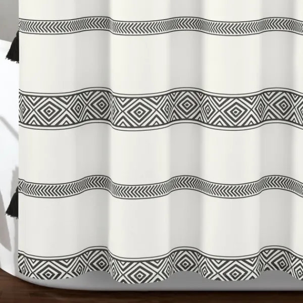 Shower Curtains-Kirkland's Home Black And White Striped Boho Shower Curtain Blue/White