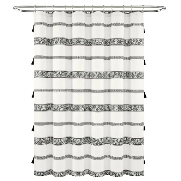 Shower Curtains-Kirkland's Home Black And White Striped Boho Shower Curtain Blue/White