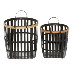 Baskets & Boxes-Kirkland's Home Black Bamboo Metal Woven Baskets, Set Of 2 Black/Brown