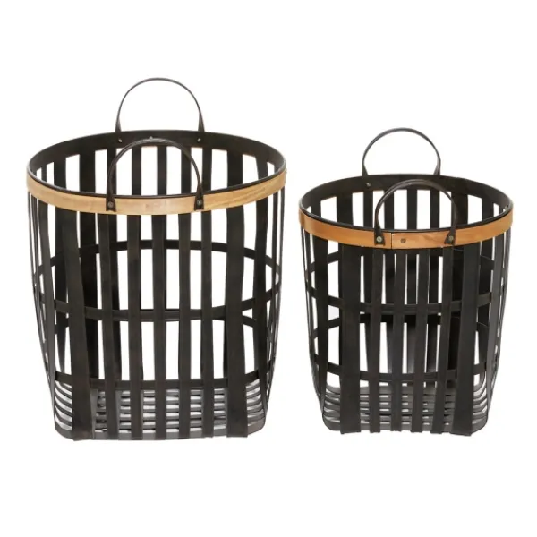 Baskets & Boxes-Kirkland's Home Black Bamboo Metal Woven Baskets, Set Of 2 Black/Brown