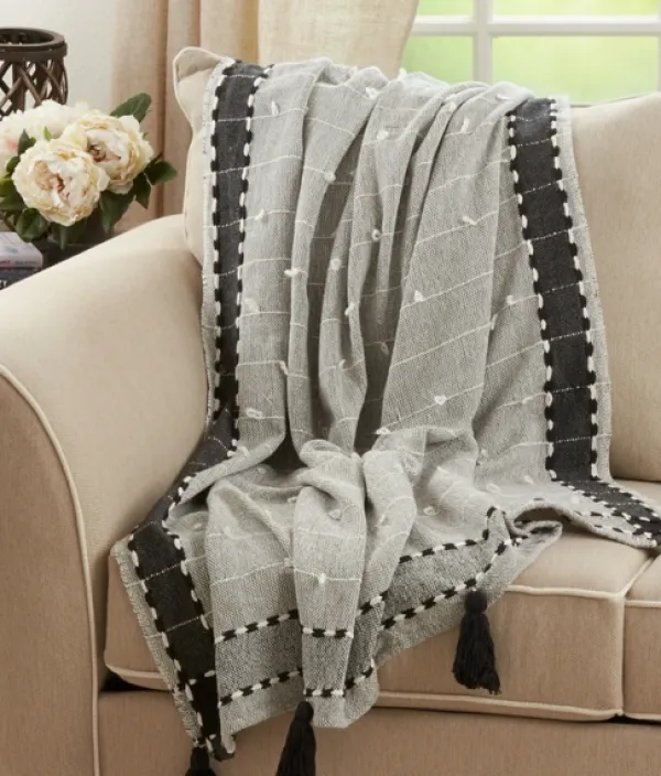 Blankets & Throws-Kirkland's Home Black Banded Tassel Edge Throw Black/White/Gray
