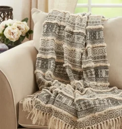 Blankets & Throws-Kirkland's Home Black Beige Block Print Throw Blanket Black/Tan