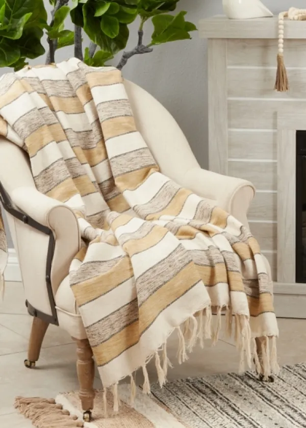 Blankets & Throws-Kirkland's Home Black Beige With Fringe Throw Blanket Yellow