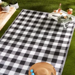 Outdoor Rugs-Kirkland's Home Black Buffalo Check Indoor/Outdoor Area Rug, 5X8 Black/White