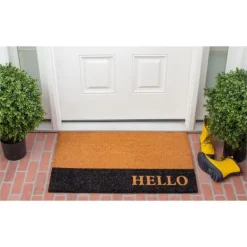 Doormats-Kirkland's Home Black Hello Bold Stripe Coir Doormat, 30 In. Black/Tan
