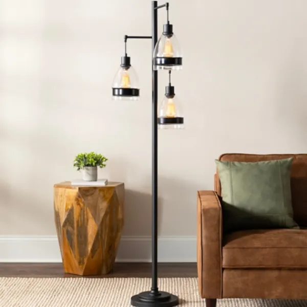 Floor Lamps-Kirkland's Home Black Metal And Glass Globe 3-Arm Floor Lamp Clear