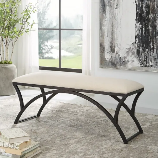 Benches & Ottomans-Kirkland's Home Black Metal Arched Frame Upholstered Bench Ivory