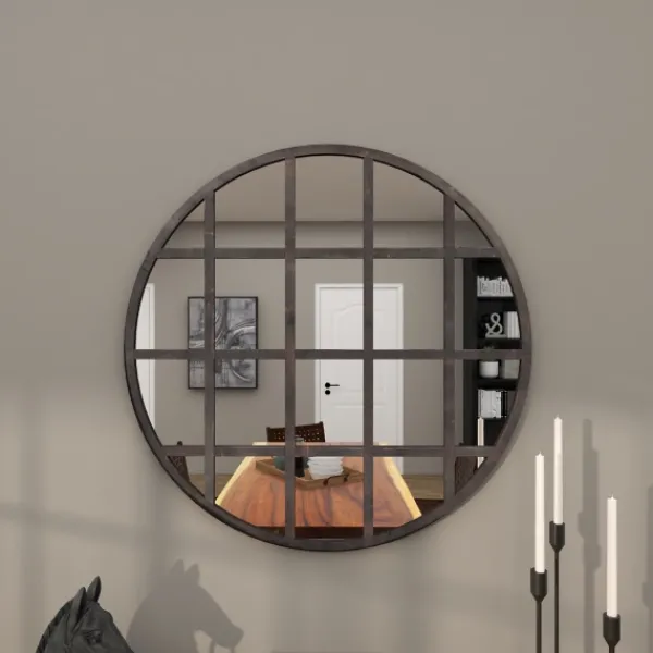 Decorative Mirrors-Kirkland's Home Black Metal Grid Overlay Round Mirror