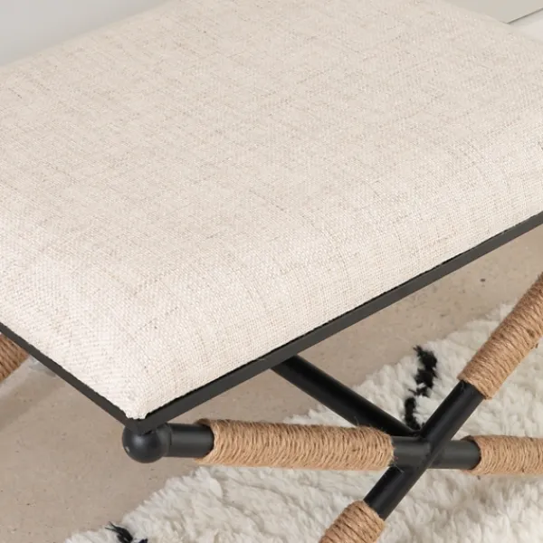 Benches & Ottomans-Kirkland's Home Black Metal Legs Accent Stool With Rope Detail White