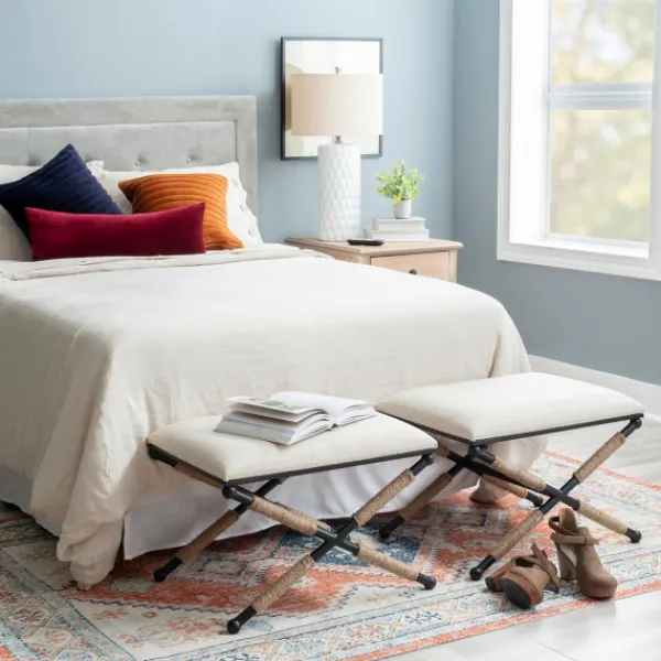 Benches & Ottomans-Kirkland's Home Black Metal Legs Accent Stool With Rope Detail White