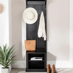 Entryway Furniture-Kirkland's Home Black Pine Wood Grooved Hall Tree