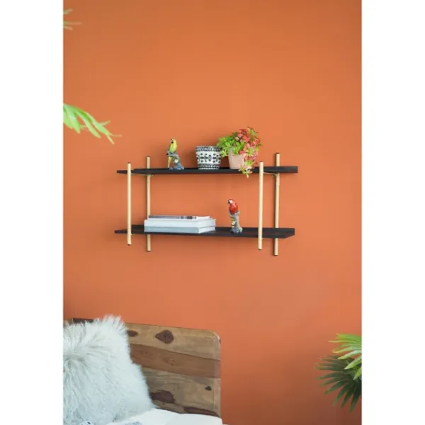 Shelves-Kirkland's Home Black Rattan Wrapped Double Tiered Wall Shelf