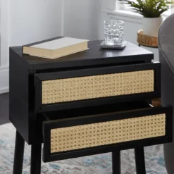 Accent & End Tables-Kirkland's Home Black Two-Drawer Rattan Front Accent Table
