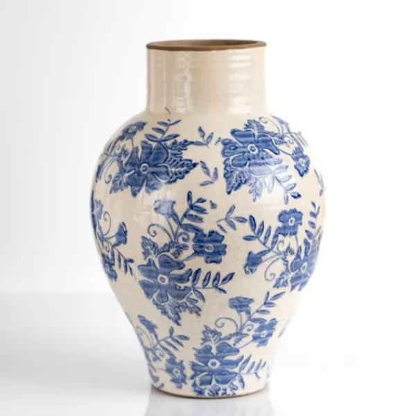 Vases-Kirkland's Home Blue And Cream Vintage Floral Urn Vase, 12 In. Blue/Ivory