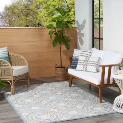 Outdoor Rugs-Kirkland's Home Blue And Gray Medallion Outdoor Area Rug, 6X9 Blue/Gray