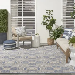 Outdoor Rugs-Kirkland's Home Blue And Gray Medallion Outdoor Area Rug, 6X9 Blue/Gray