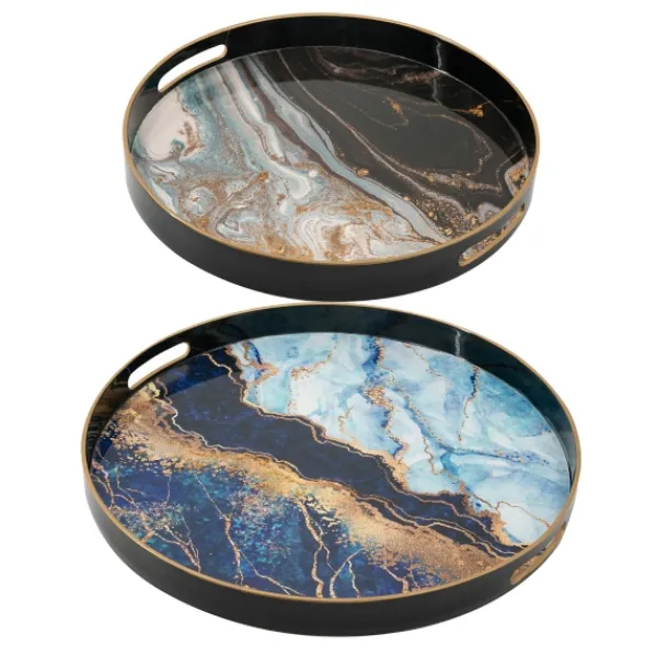 Decorative Trays-Kirkland's Home Blue And Gray Round Abstract Trays, Set Of 2 Blue/Gray/Multi