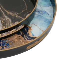 Decorative Trays-Kirkland's Home Blue And Gray Round Abstract Trays, Set Of 2 Blue/Gray/Multi