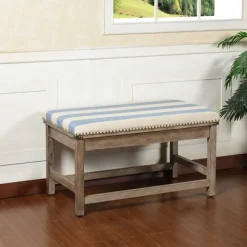 Benches & Ottomans-Kirkland's Home Blue And White Striped Upholstered Wood Bench Blue/White