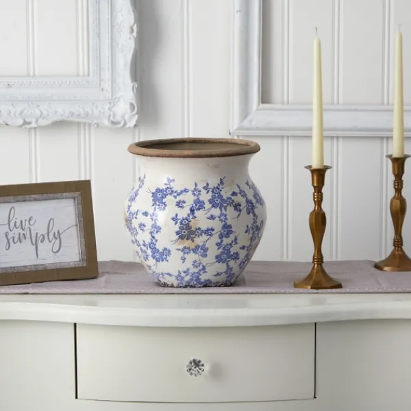 Vases-Kirkland's Home Blue Bulous Floral Scroll Ceramic Vase, 10 In. Blue/White