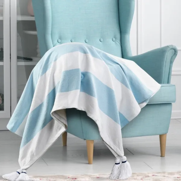 Blankets & Throws-Kirkland's Home Blue Cabana Stripe Tassel Throw Blue/White