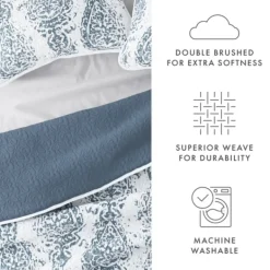 Quilts-Kirkland's Home Blue Damask Reversible 3-Pc. King Quilt Set Blue/White