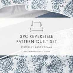Quilts-Kirkland's Home Blue Damask Reversible 3-Pc. King Quilt Set Blue/White