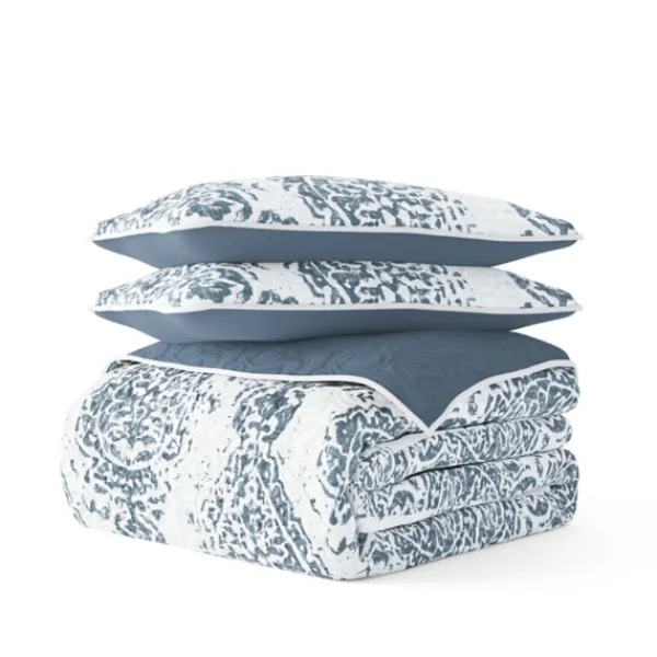 Quilts-Kirkland's Home Blue Damask Reversible 3-Pc. Queen Quilt Set Blue/White