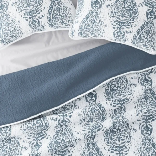 Quilts-Kirkland's Home Blue Damask Reversible 3-Pc. Queen Quilt Set Blue/White