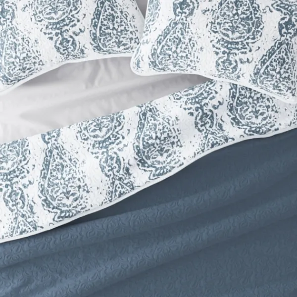 Quilts-Kirkland's Home Blue Damask Reversible 3-Pc. Queen Quilt Set Blue/White