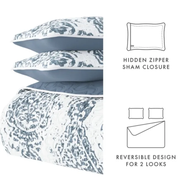 Quilts-Kirkland's Home Blue Damask Reversible 3-Pc. Queen Quilt Set Blue/White