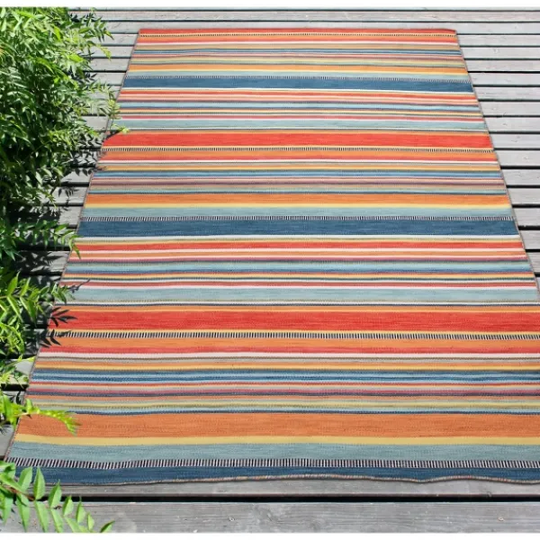 Outdoor Rugs-Kirkland's Home Blue Dhurri Stripe Indoor/Outdoor Area Rug, 7X9 Blue/White/Gray