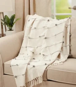 Blankets & Throws-Kirkland's Home Blue Dotted Fringe Throw Blanket Ivory