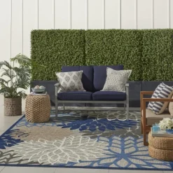 Outdoor Rugs-Kirkland's Home Blue Floral Burst Outdoor Area Rug, 6X9 Blue/Gray