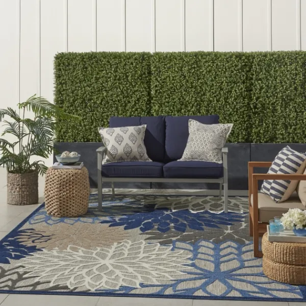 Outdoor Rugs-Kirkland's Home Blue Floral Burst Outdoor Area Rug, 6X9 Blue/Gray