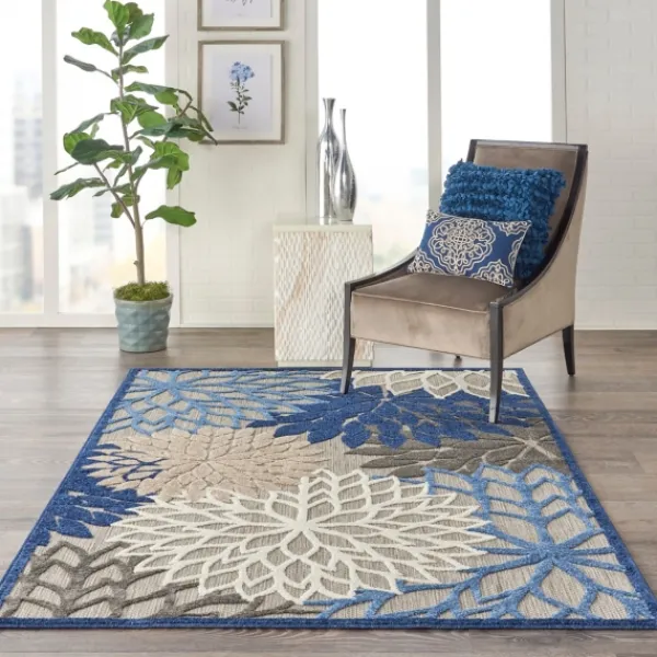 Outdoor Rugs-Kirkland's Home Blue Floral Burst Outdoor Area Rug, 6X9 Blue/Gray