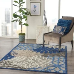 Outdoor Rugs-Kirkland's Home Blue Floral Burst Outdoor Area Rug, 6X9 Blue/Gray