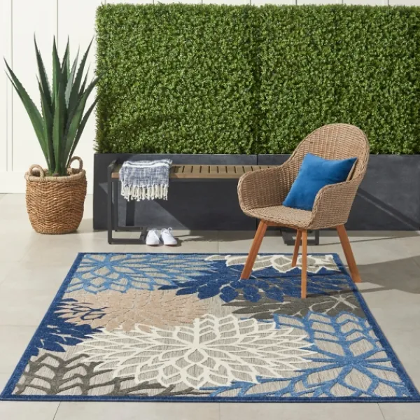 Outdoor Rugs-Kirkland's Home Blue Floral Burst Outdoor Area Rug, 6X9 Blue/Gray
